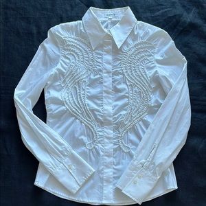 Exetera White Cotton Embroidered Button-Up Shirt Size XS